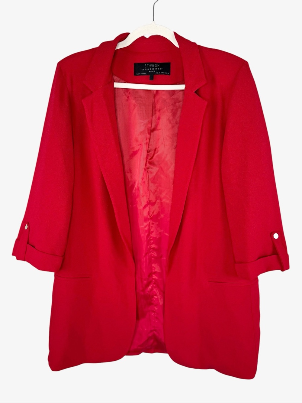 STOOSH Bold Red Stretch Blazer M Power Suit Open Front Longline 3/4 Cuff Sleeve